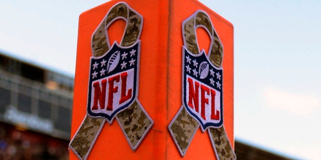 SAN FRANCISCO, CA - NOVEMBER 11: A general view of an Endzone Pylon with the NFL logo and camouflage ribbon stuck on it, thi