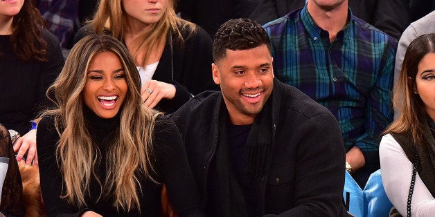 NEW YORK, NY - FEBRUARY 09: La La Anthony, Ciara and Russell Wilson attend the Washington Wizards vs New York Knicks game at