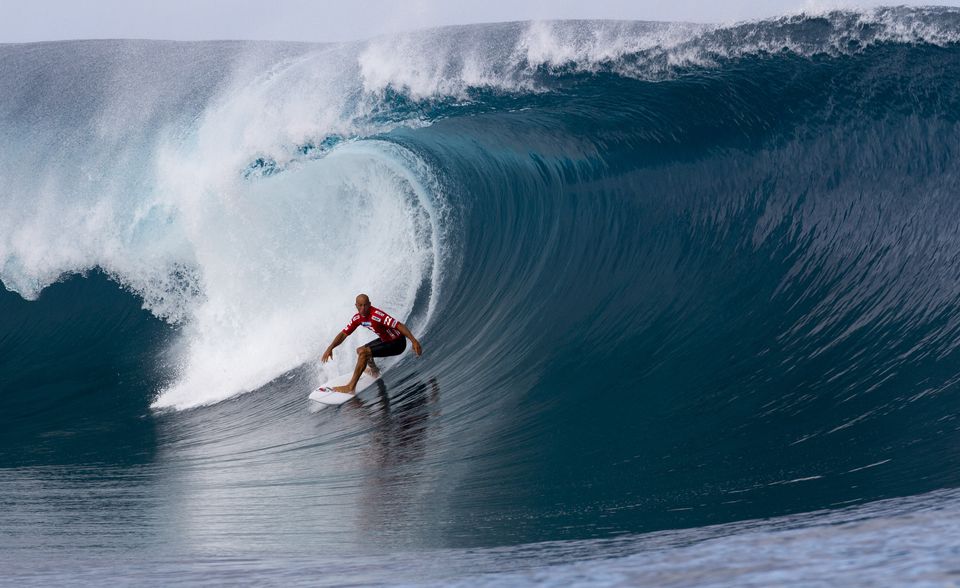 Kelly Slater about to be shacked at Teahupo'o.