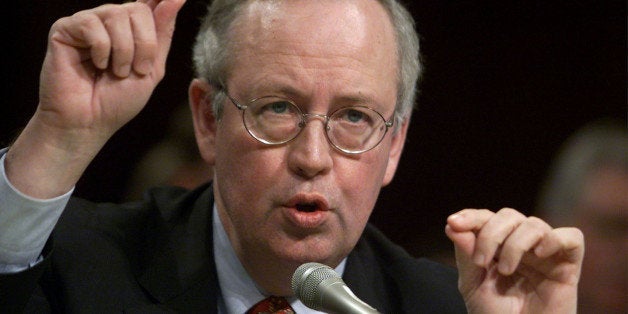 Independent Counsel Kenneth Starr testifies before the Senate Government Affairs Committee April 14. Starr said that he believed the independent counsel statute is unconstitutional, and should not be reauthorized by Congress.WM/SV/JDP