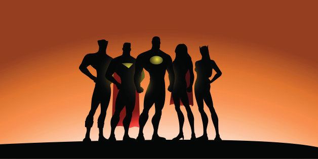 An illustration of a team of superheroes in silhouette. Characters are grouped on their own for ease of editing. :)