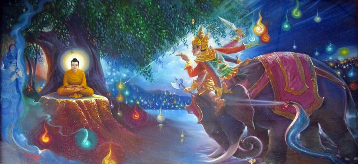 Description Mara failing to tempt Buddha from attaining Enlightenment and also failing to capture the Golden Throne as well. ... 