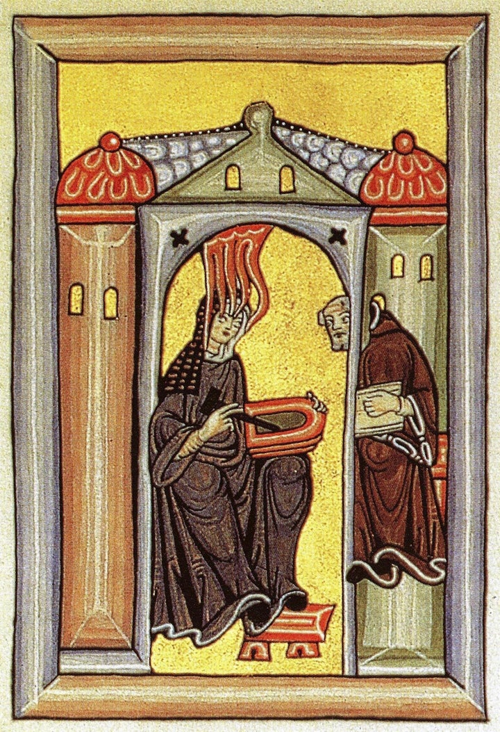 Description Hildegard von Bingen empfängt eine göttliche Inspiration. en:Image:Hildegard.jpg | Source Miniatur aus dem Rupertsberger Codex ...