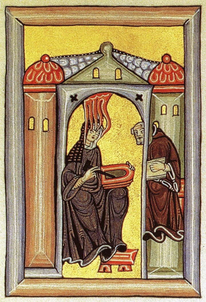 Description Hildegard von Bingen empfängt eine göttliche Inspiration. en:Image:Hildegard.jpg | Source Miniatur aus dem Rupertsberger Codex ... 