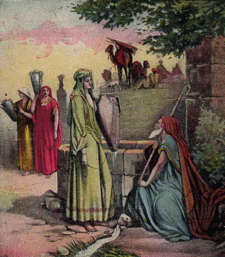 Description 1 Rebekah and Eliezer, as in Genesis 24, illustration published 1908 by the Providence Lithograph Company | Source http:// ...