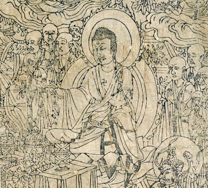 Description 1 Detail of the Frontispiece, Diamond Sutra from Cave 17, Dunhuang, ink on paper en:British Library | British Lib