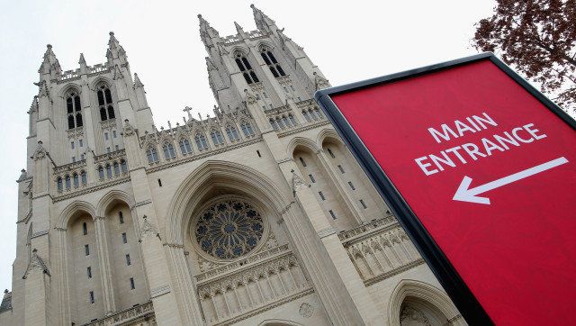 WASHINGTON, DC - JANUARY 09: A sign directs visitors to the entrance of the Washington National Cathedral January 9, 2013 in Washington, DC. The National Cathedral is one of the world's largest cathedrals and the seat of the Episcopal Church. It will also host of the official prayer service for the presidential inauguration later this month. The Cathedral announced it will host same-sex weddings. (Photo by Chip Somodevilla/Getty Images)