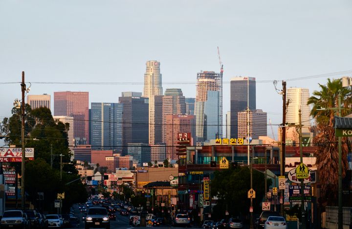 The Los Angeles skyline as seen from Koreatown.