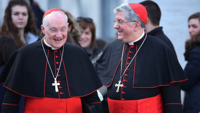 VATICAN CITY, VATICAN - MARCH 09: Canadian Cardinals Marc Ouellet (L) and Thomas Christopher Collins leave a synod meeting as cardinals prepare to vote for a new pope on March 9, 2013 in Vatican City, Vatican. Cardinals are set to enter the conclave to elect a successor to Pope Benedict XVI after he became the first pope in 600 years to resign from the role. The conclave is scheduled to start on March 12 inside the Sistine Chapel and will be attended by 115 cardinals as they vote to select the 266th Pope of the Catholic Church. (Photo by Christopher Furlong/Getty Images)