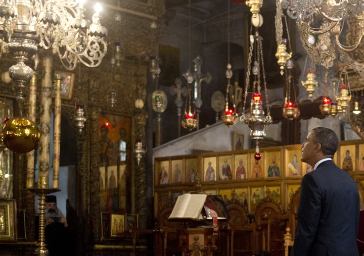 US President Barack Obama tours the Church of the Nativity, built on the site where tradition says Jesus was born, in the West Bank city of Bethlehem, on March 22, 2013, on the final day of Obama's 3-day trip to Israel and the Palestinian territories. AFP PHOTO / Saul LOEB (Photo credit should read SAUL LOEB/AFP/Getty Images)