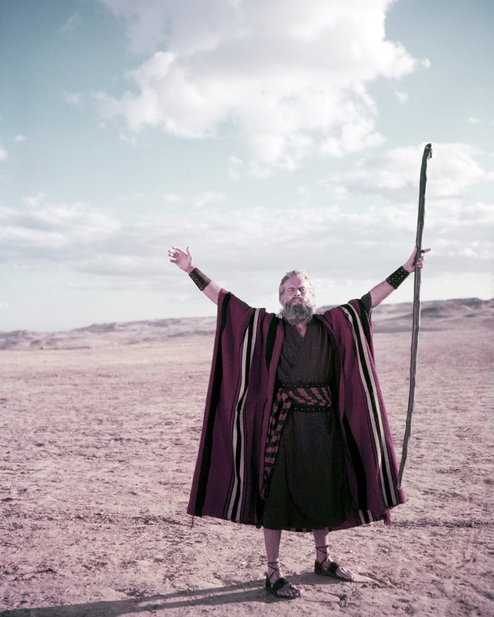 American actor Charlton Heston (1923 - 2008) as Moses in 'The Ten Commandments', directed by Cecil B DeMille, 1956. (Photo by
