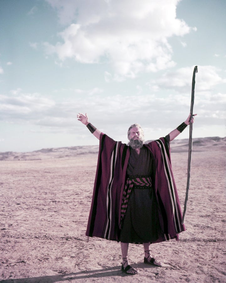 American actor Charlton Heston (1923 - 2008) as Moses in 'The Ten Commandments', directed by Cecil B DeMille, 1956. (Photo by Silver Screen Collection/Getty Images)