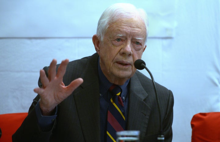 Former US President Jimmy Carter addresses a press conference in Kathmandu on April 1, 2013. Carter is in Kathmandu on a four-day visit. AFP PHOTO/Prakash MATHEMA (Photo credit should read PRAKASH MATHEMA/AFP/Getty Images)