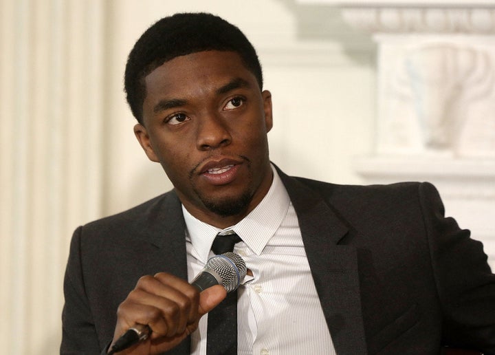 WASHINGTON, DC - APRIL 02: Actor Chadwick Boseman speaks during a State Dining Room event April 2, 2013 at the White House i