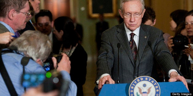 UNITED STATES - APRIL 9: Senate Majority Leader Harry Reid, D-Nev., speaks to the press after the Senate policy luncheons in the Capitol. The parents of the Newtown shooting victims are on Capitol Hill this week, lobbying to support a vote on the current proposals of gun background checks. (Photo By Chris Maddaloni/CQ Roll Call)