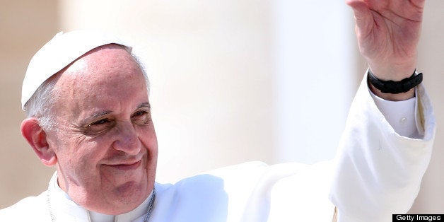 VATICAN CITY, VATICAN - APRIL 17: Pope Francis waves to the faithful as he leaves St. Peter's square at the end of his weekl