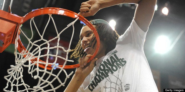 Baylor Bears center Brittney Griner cuts down the nets after defeating Notre Dame 80-61 in NCAA Women's 2012 National Championship action at the Pepsi Center in Denver, CO Tuesday April 3, 2012. AAron Ontiveroz/The Denver Post (Photo By AAron Ontiveroz/The Denver Post via Getty Images)