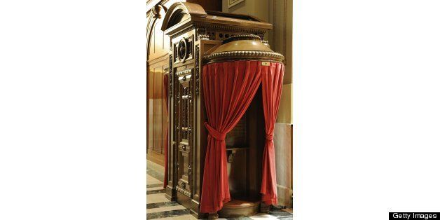 Confession booth in Cathedral Basilica of Saints Peter and Paul in Philadelphia, Pennsylvania, USA