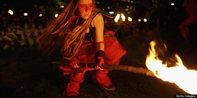 EDINBURGH, UNITED KINGDOM - APRIL 30: A member of the Beltane Fire Society is seen celebrating the coming of Summer on Calton Hill April 30, 2006 in Edinburgh, Scotland, United Kingdom. The procession is a revival of the ancient Celtic festival of Beltane. Around three hundred voluntary participants celebrate the ending of winter fire revelry and perform drumming around the hill. (Photo by Jeff J Mitchell/Getty Images)