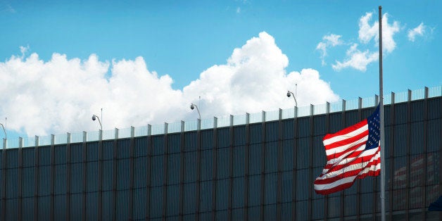 American Flag at Half-mast at USA-Canada Border Crossing, Niagara Falls, New York, USA