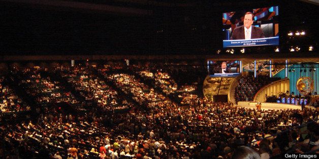 Lakewood Church, the nation's largest congregation, meets in the former home of the Houston Rockets in Houston, Texas. The sanctuary seats 16,000 people and more than 30,000 people worship here each weekend. (Photo by Frank E. Lockwood/Lexington Herald-Leader/MCT via Getty Images)