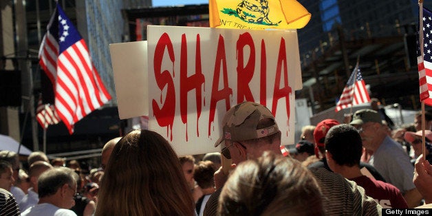 NEW YORK - SEPTEMBER 11: People demonstrate against allowing a mosque near Ground Zero at a rally in lower Manhattan on September 11, 2010 in New York, New York. Today marks the ninth anniversary of the September 11 terrorist attacks in which 2752 people were killed. President Obama has designated Saturday a National Day of Service and Remembrance in honor of those who died in the attacks. (Photo by Spencer Platt/Getty Images)