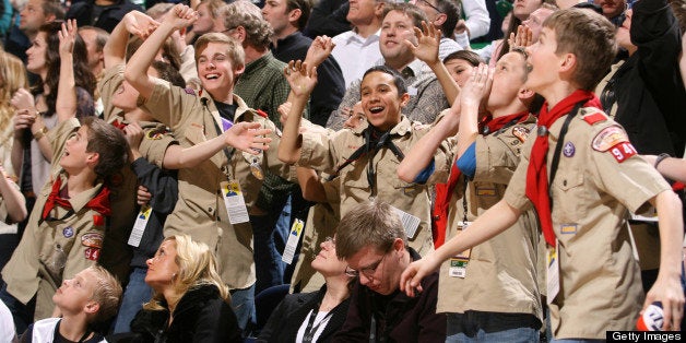 SALT LAKE CITY, UT - FEBRUARY 16: Young fans of the Utah Jazz from the the Boy Scouts cheer for their team in the game against the Golden State Warriors at EnergySolutions Arena on February 16, 2011 in Salt Lake City, Utah. NOTE TO USER: User expressly acknowledges and agrees that, by downloading and or using this Photograph, User is consenting to the terms and conditions of the Getty Images License Agreement. Mandatory Copyright Notice: Copyright 2011 NBAE (Photo by Melissa Majchrzak/NBAE via Getty Images)