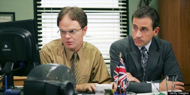 THE OFFICE -- 'Gay Witch Hunt' Episode 1 -- Aired 09/21/2006 -- Pictured: (l-r) Rainn Wilson as Dwight Schrute and Steve Carell as Michael Scott (Photo by Justin Lubin/NBC/NBCU Photo Bank via Getty Images)