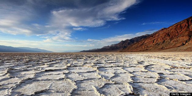 The Badwater Salt Flats in Death Valley less than one hour before sunset. The Badwater Salt Flats are located on the south end of Death Valley National Park.
