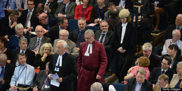 EDINBURGH, SCOTLAND - MAY 20: Commissioners of the Church of Scotland sit in the chamber during the debate on the issue of g