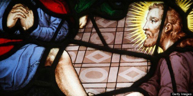 France, Paris, Paris, France Saint-Etienne-du-Mont church stained glass : Jesus washing the apostles' feet