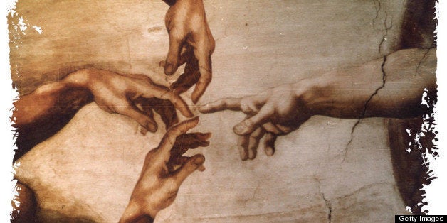 USA - 1997: Hiram Henriquez color illustration of hand of God reaching to touch three human hands. Can be used with stories about cloning. (The Miami Herald/MCT via Getty Images)