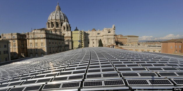 This picture taken on November 26, 2008 at the Vatican shows the solar panels covering the roof of the Paul VI audience hall