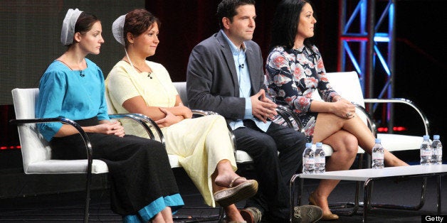 BEVERLY HILLS, CA - AUGUST 02: (L-R) Documentary subjects Kate and Sabrina and Executive Producers Eric Evangelista and Shannon Evangelista speak at the 'Breaking Amish' discussion panel during the Discovery Networks/TLC portion of the 2012 Summer Television Critics Association tour at the Beverly Hilton Hotel on August 2, 2012 in Los Angeles, California. (Photo by Frederick M. Brown/Getty Images)