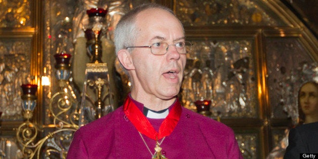 Britain's Archbishop of Canterbury Justin Welby speaks during his visit to the Church of the Holy Sepulchre, traditionally believed to be the burial site of Jesus Christ, in Jerusalem's Old City, on June 28, 2013. Welby is on his first trip to the Holy Land since taking office in March but had visited the region before becoming the leader of the world's 80 million Anglicans, his office said. AFP PHOTO / AHMAD GHARABLI (Photo credit should read AHMAD GHARABLI/AFP/Getty Images)