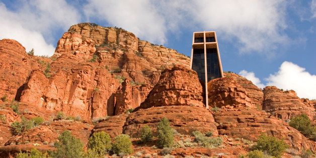 Chapel of the Holy Cross, Sedona, Arizona. Exterior view of a chapel built into the side of a mountain.