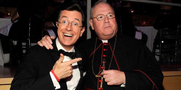 NEW YORK, NY - APRIL 24: Stephen Colbert and Timothy Cardinal Dolan attend the TIME 100 Gala celebrating TIME'S 100 Most Infuential People In The World at Jazz at Lincoln Center on April 24, 2012 in New York City. (Photo by Kevin Mazur/WireImage for TIME)