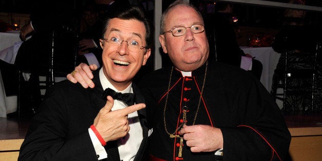 NEW YORK, NY - APRIL 24: Stephen Colbert and Timothy Cardinal Dolan attend the TIME 100 Gala celebrating TIME'S 100 Most Inf