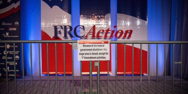 WASHINGTON, DC - OCTOBER 11: A blockade mocking the current government shutdown sits on stage at the 2013 Values Voter Summit, held by the Family Research Council, on October 11, 2013 in Washington, DC. The summit, which goes for three days, is attended by a number of Republican senators and high profile conservative voices in American politics. (Photo by Andrew Burton/Getty Images)