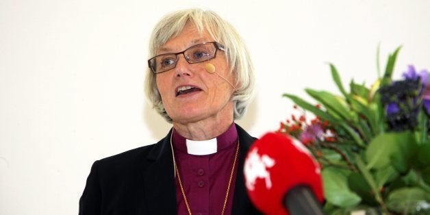 Bishop of Lund Antje Jackelen gives a speech at the Cathedral Forum in Lund in southern Sweden on October 15, 2013, after bee