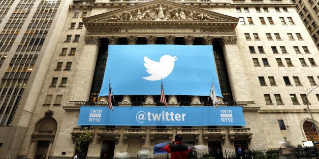 NEW YORK, UNITED STATES - NOVEMBER 7: Twitter shares have closed at $44.90 a share on its first day of trading, 73 percent above its initial offering price on November 7, 2013 in New York. The stock is trading on the New York Stock Exchange under the symbol 'TWTR'. (Photo By Bilgin S. Sasmaz/Anadolu Agency/Getty Images)