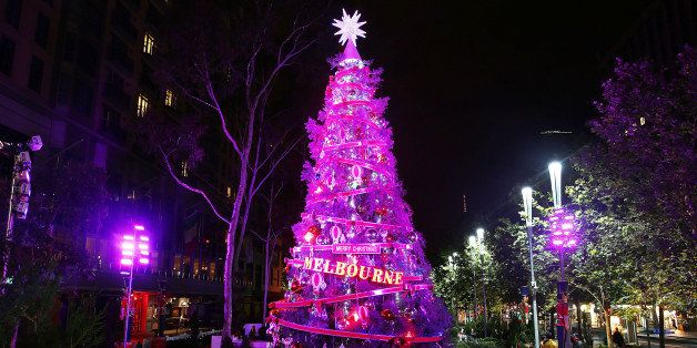 MELBOURNE, AUSTRALIA - DECEMBER 08: The lights on a large Christmas tree are seen at Christmas Square on December 8, 2013 in Melbourne, Australia. (Photo by Michael Dodge/Getty Images)