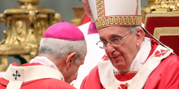 VATICAN CITY, VATICAN - JUNE 29: New Archbishop of Buenos Aires Mario Aurelio Poli receives the Pallium as a new metropolitan archbishop from Pope Francis, whom he replaced after his elections as Pontiff, during the Solemnity of Saint Peter and Paul at Vatican Basilica on June 29, 2013 in Vatican City, Vatican. Pope Francis delivered the homily at Mass in St Peter's Basilica on Saturday morning, to mark the Solemnity of Saints Peter and Paul, Apostles and Patrons fo the city of Rome. In his remarks following the Gospel reading, the Holy Father focused on a particular task of the Petrine ministry, which is to strengthen, or confirm, all the faithful. (Photo by Franco Origlia/Getty Images)