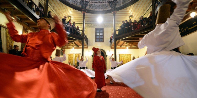 BURSA, TURKEY - JANUARY 12: Sama performance at Islamic Monastry of Karabas-i Veli witin the Mawlid, the observance of the birthday of the Islamic prophet Muhammad, in Bursa, Turkey on Janaury 12, 2014. (Photo by Ali Atmaca/Anadolu Agency/Getty Images)