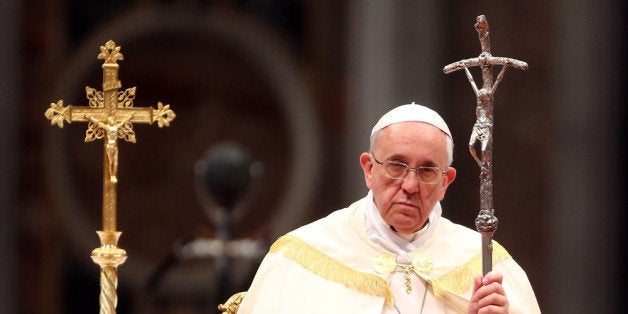 VATICAN CITY, VATICAN - FEBRUARY 22: Pope Francis attends his first consistory at the St Peter's Basilica on February 22, 2014 in Vatican City, Vatican. 19 new cardinals have been created in a ceremony in the Vatican. (Photo by Franco Origlia/Getty Images)