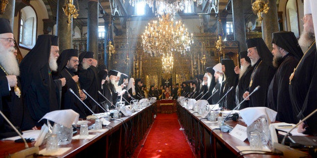 ISTANBUL, TURKEY - MARCH 6: Fourteen Orthodox Church patriarchs and archbishops gather in Church of St. George upon the invitation of Greek Orthodox Patriarch Bartholomew in Istanbul, Turkey, on March 6, 2014. (Photo by Erhan Elaldi/Anadolu Agency/Getty Images)