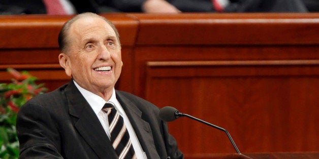 Thomas Monson, president of the Church of Jesus Christ of Latter-day Saints, speaks at the 181st Semiannual General Conference of the Church of Jesus Christ of Latter-day Saints in Salt Lake City, Utah, U.S., on Saturday, Oct. 1, 2011. Mormons from around the world have gathered to listen to church leaders during the two-day conference. Photographer: George Frey/Bloomberg via Getty Images