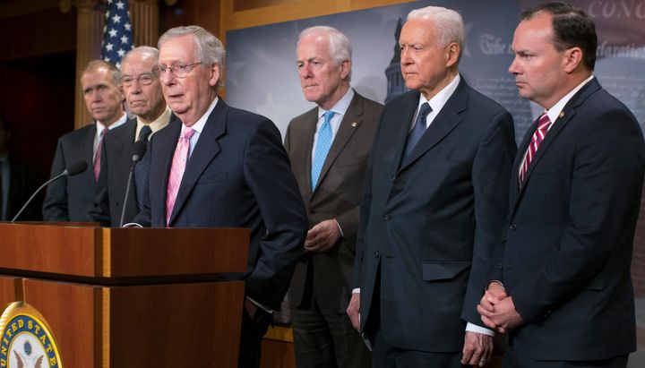 Senate Majority Leader Mitch McConnell (R-Ky.) leads fellow Republican members of the Senate Judiciary Committee on Thursday as they discuss this week’s FBI report on Supreme Court nominee Brett Kavanaugh.