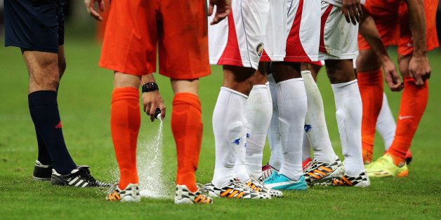 SALVADOR, BRAZIL - JULY 05: Referee, Ravshan Irmatov of Russia sprays foam to mark the free kick distance during the 2014 FIFA World Cup Brazil Quarter Final match between the Netherlands and Costa Rica at Arena Fonte Nova on July 5, 2014 in Salvador, Brazil. (Photo by Dean Mouhtaropoulos/Getty Images)