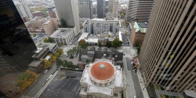 In this photo taken Wednesday, Oct. 16, 2013, the Mars Hill Church, a 1910 building that previously was home to the First United Methodist Church, is seen from a nearby skyscraper in downtown Seattle. (AP Photo/Elaine Thompson)